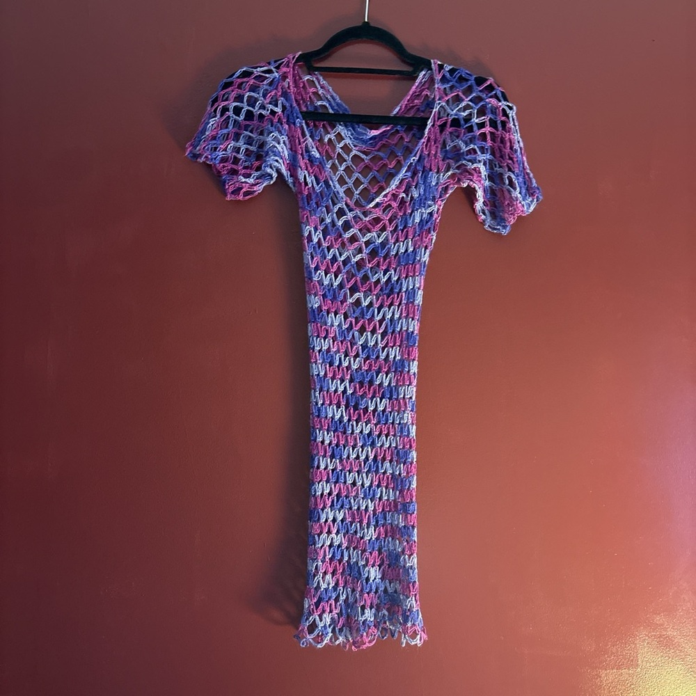 Handmade Crochet Mesh Dress in Pink & Purple